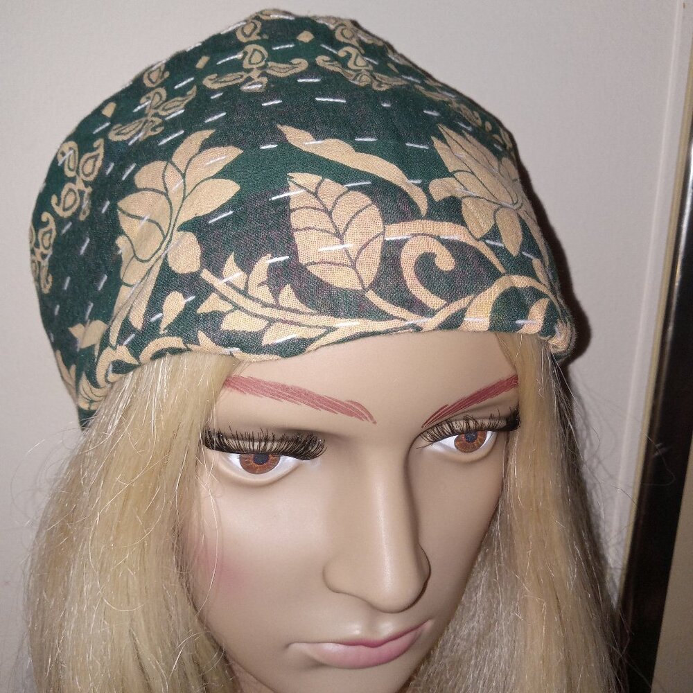 Kantha Headband Dark Green Black Tan Wide Cotton Handmade Boho Hippie New H105.